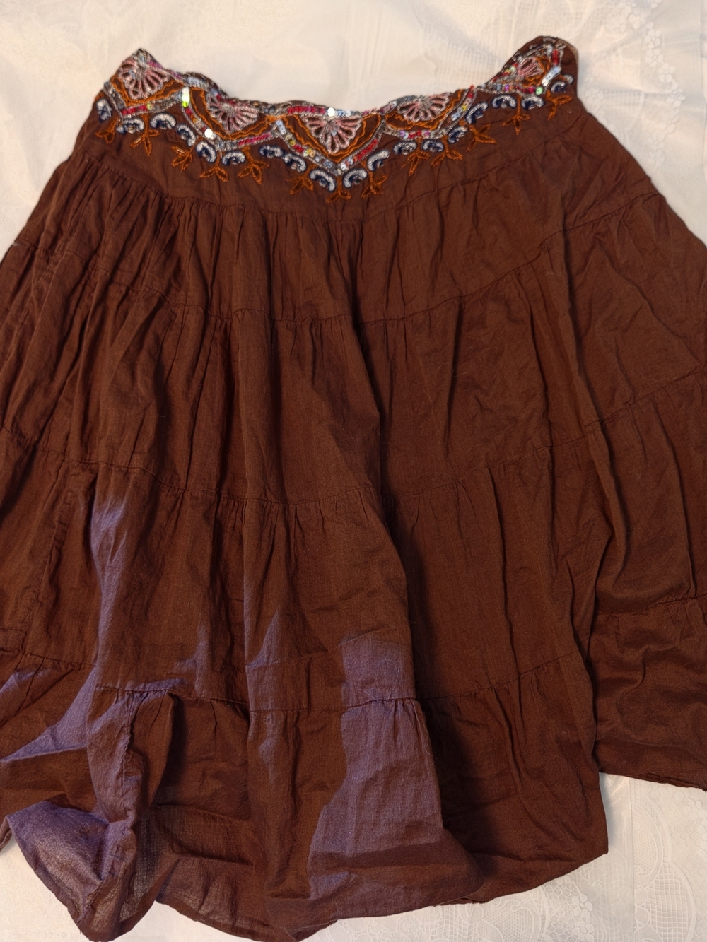 Angie Brown Tiered Boho Skirt with Embroidered Waistband